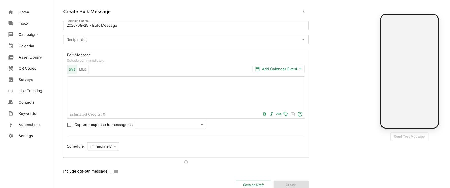 TextPickle bulk message composer — campaign name field, recipient picker, SMS/MMS message editor, and a live phone preview.